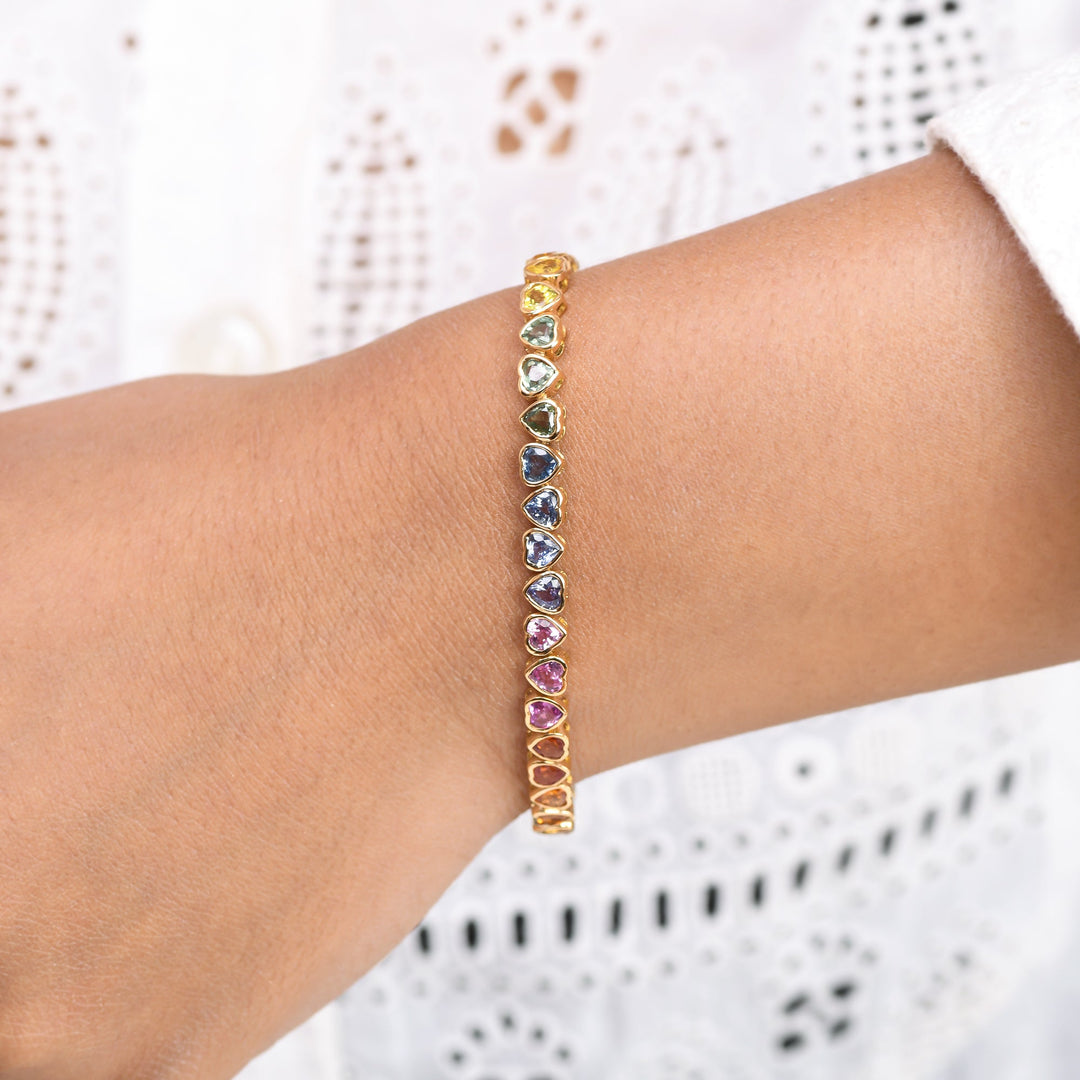 Rainbow Sapphire Heart Bezel Set Bracelet - qivii