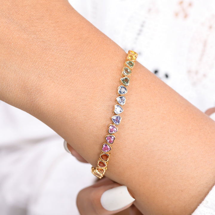 Rainbow Sapphire Heart Bezel Set Bracelet - qivii