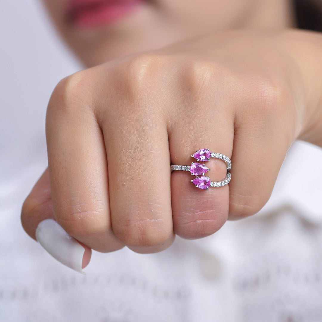 Pink Sapphire Diamond Three Pear Ring - qivii