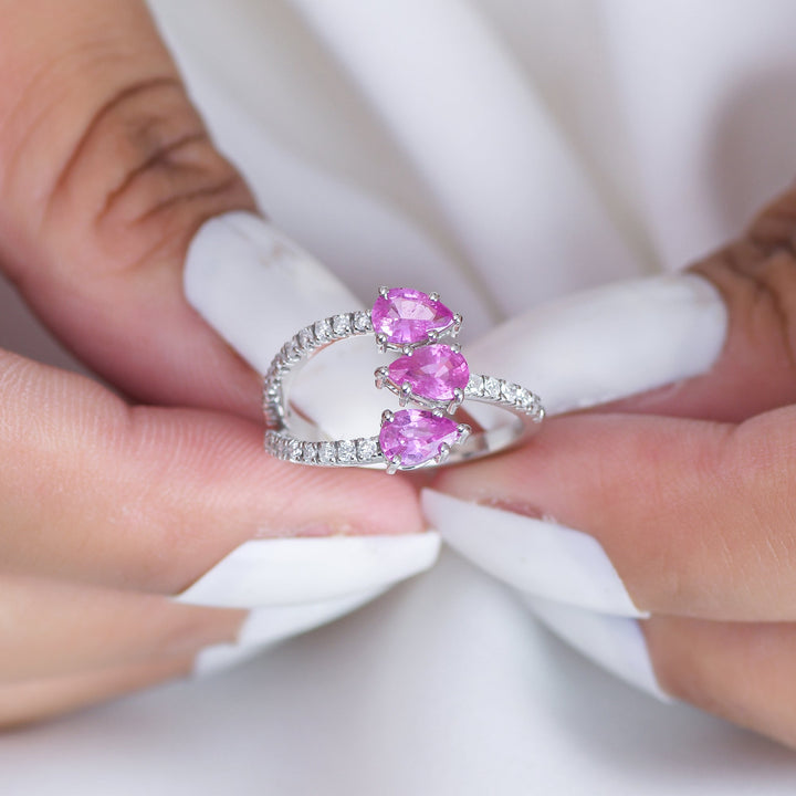Pink Sapphire Diamond Three Pear Ring - qivii