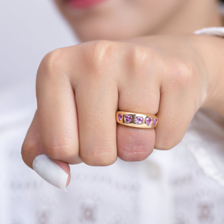 Pink Sapphire Five Heart Chunky Ring - qivii