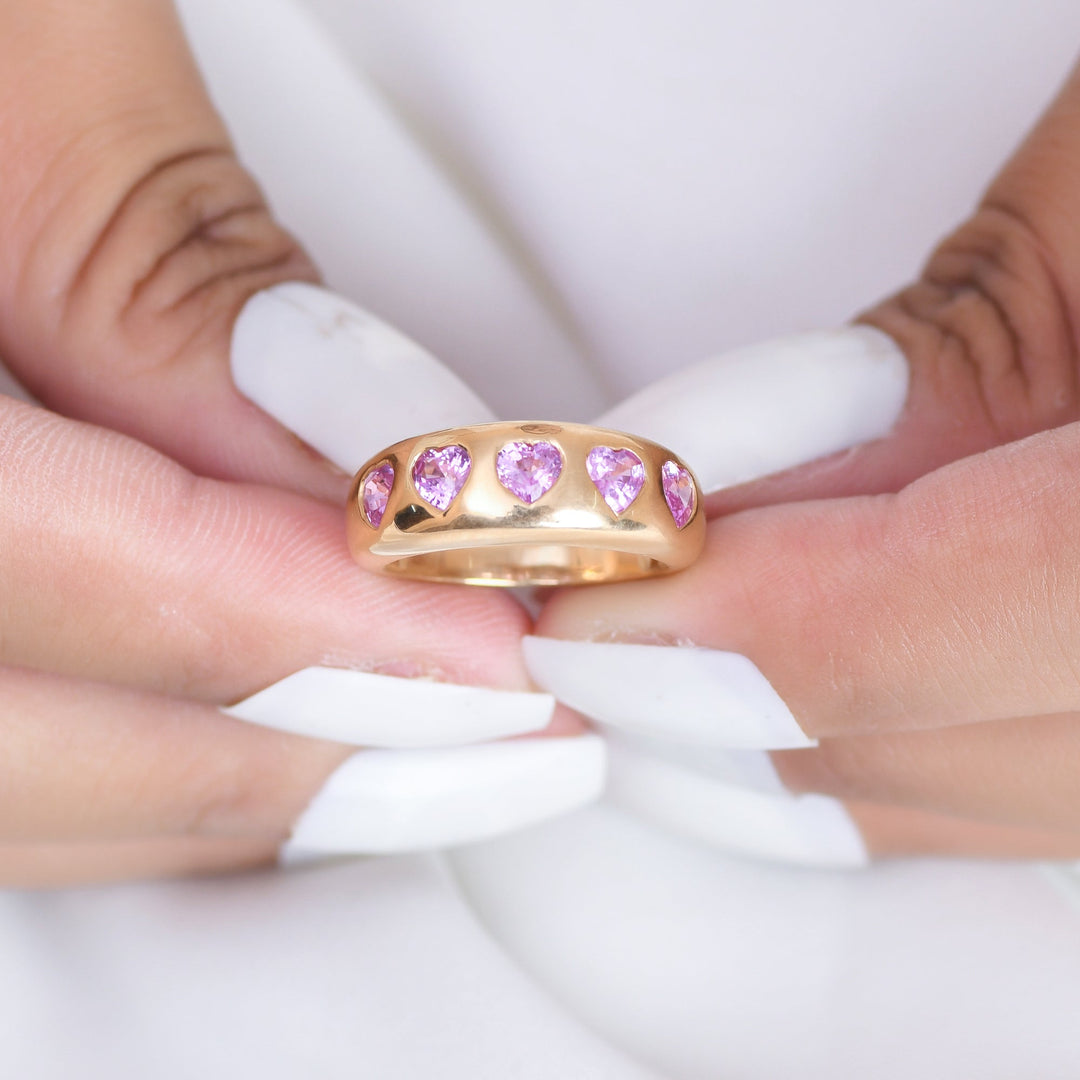 Pink Sapphire Five Heart Chunky Ring - qivii