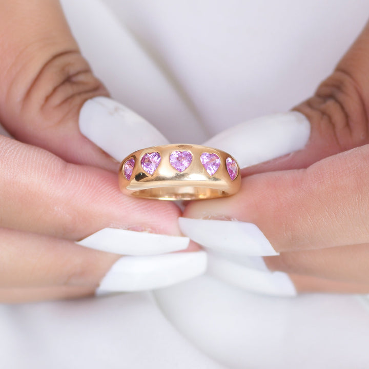 Pink Sapphire Five Heart Chunky Ring - qivii