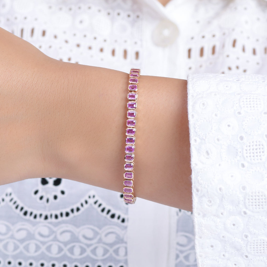 Pink Sapphire Emerald Cut Bezel Set Bracelet - qivii