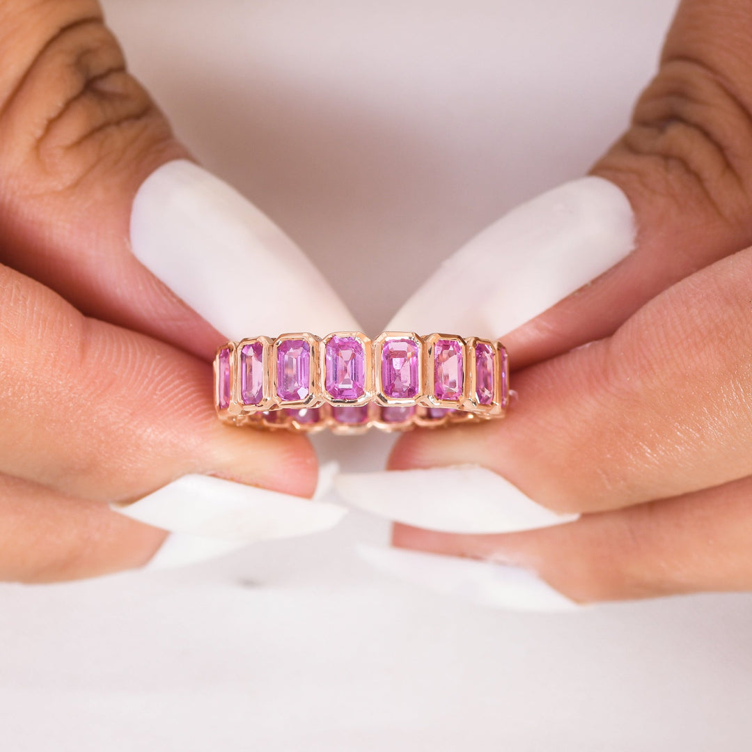 Pink Sapphire Emerald Cut Bezel Set Ring - qivii