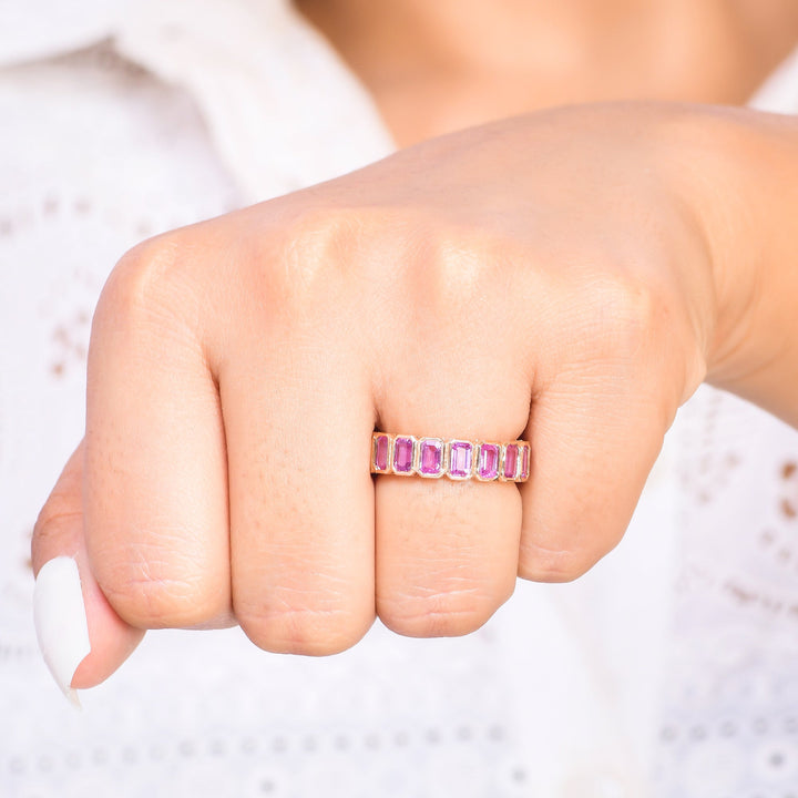 Pink Sapphire Emerald Cut Bezel Set Ring - qivii