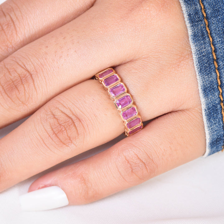 Pink Sapphire Emerald Cut Bezel Set Ring - qivii