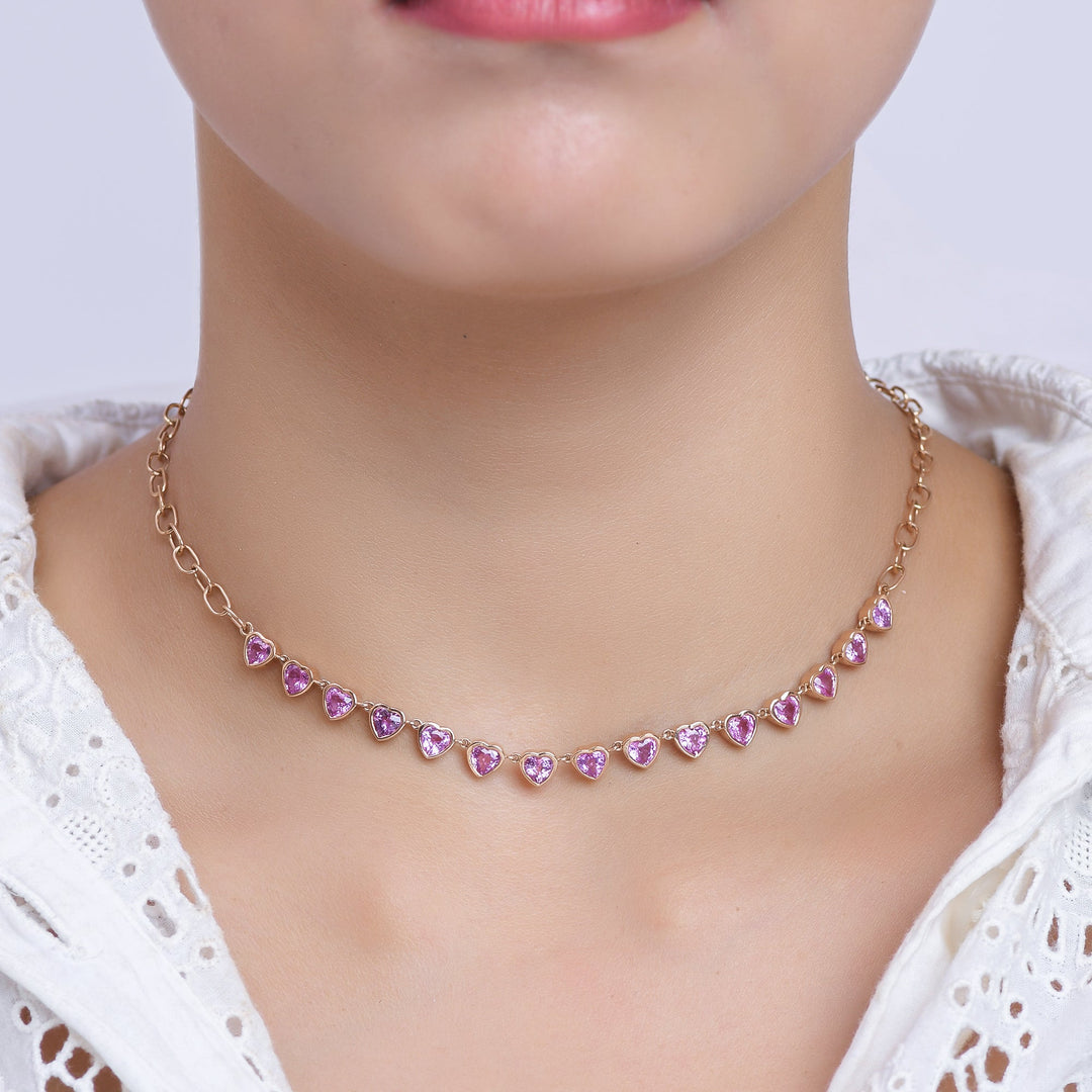 Pink Sapphire Heart Paperclip Chain Necklace - qivii