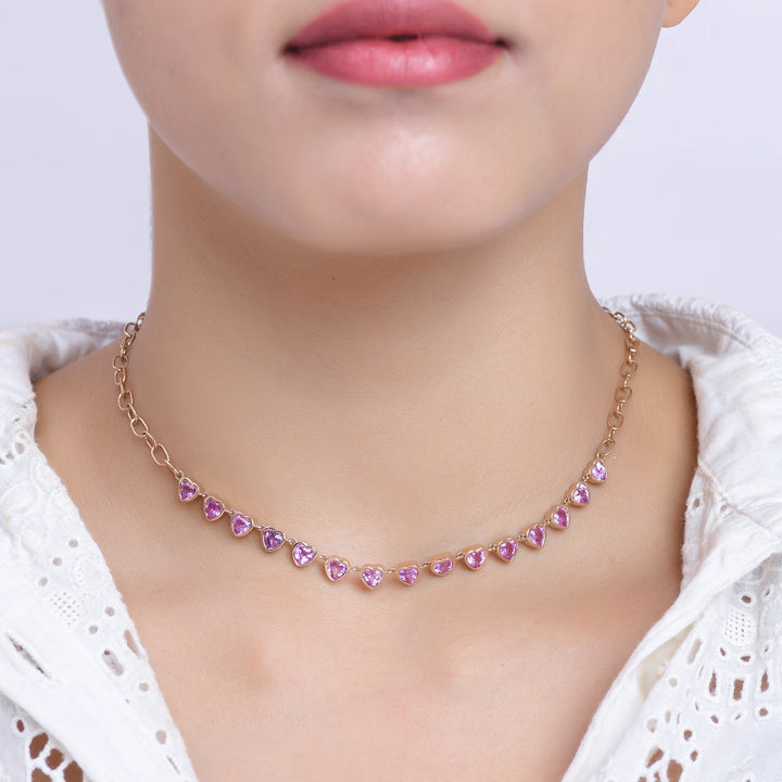 Pink Sapphire Heart Paperclip Chain Necklace - qivii
