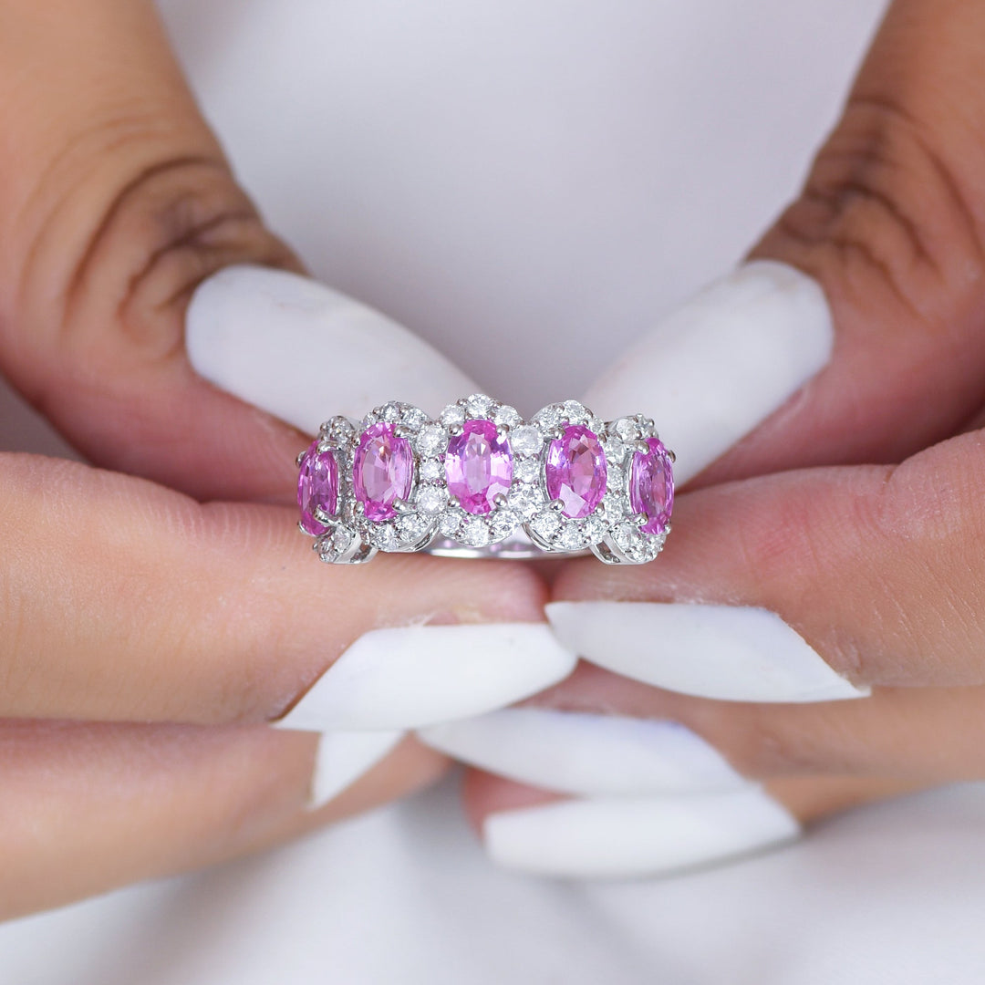 Pink Sapphire Oval Diamond Five Stone Ring - qivii