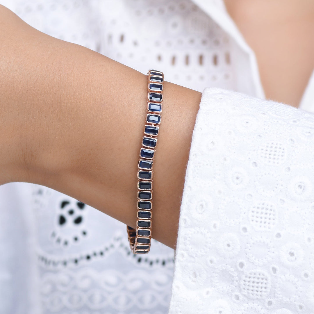 Blue Sapphire Emerald Cut Bezel Set Tennis Bracelet - qivii