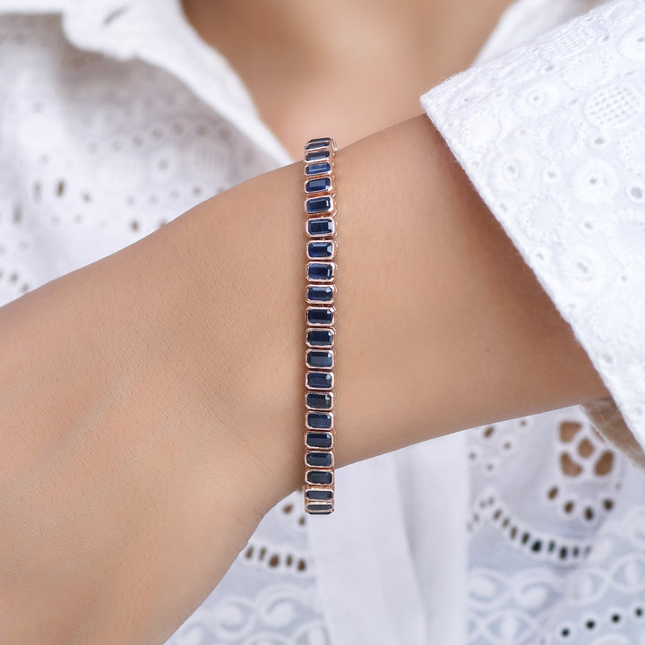 Blue Sapphire Emerald Cut Bezel Set Tennis Bracelet - qivii