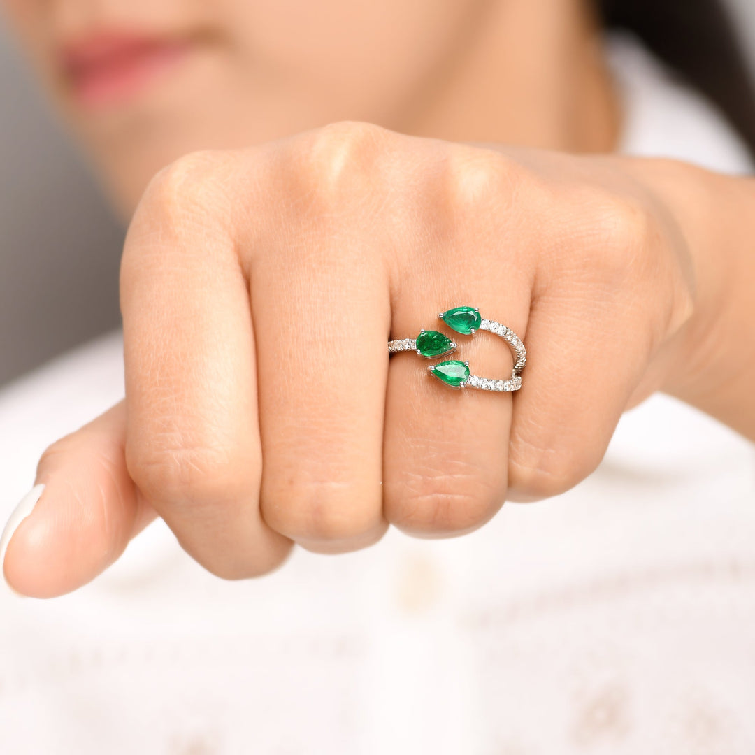 Emerald Three Pear Diamond Ring - qivii