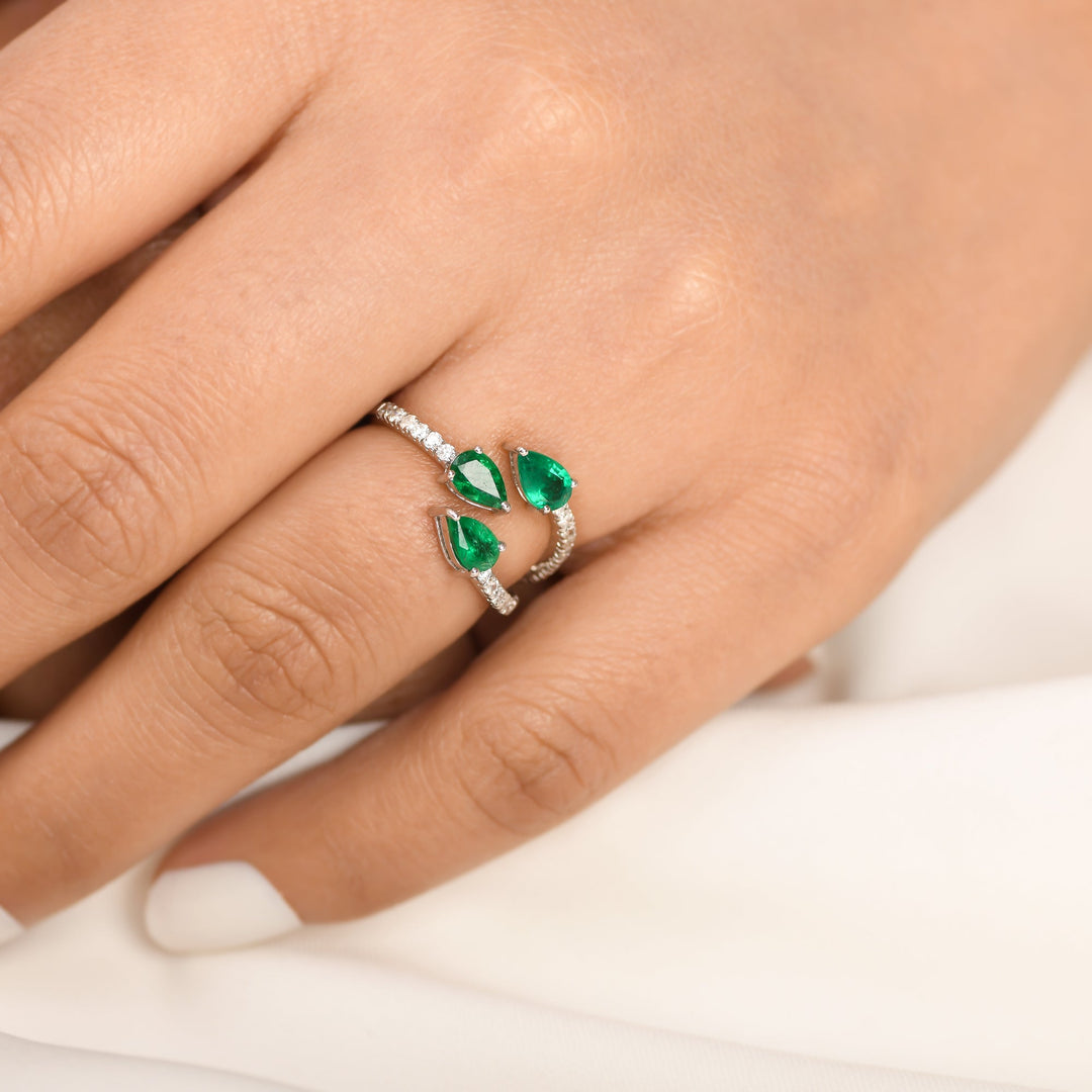 Emerald Three Pear Diamond Ring - qivii