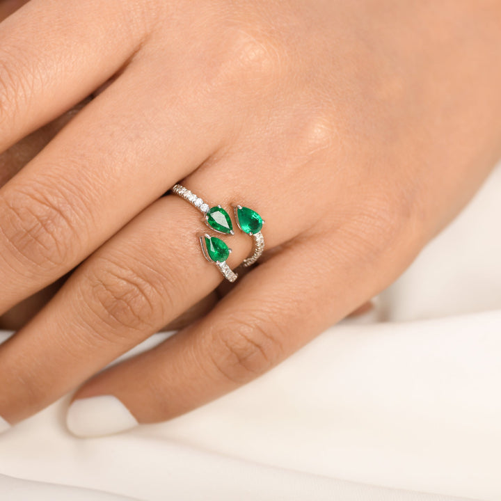 Emerald Three Pear Diamond Ring - qivii