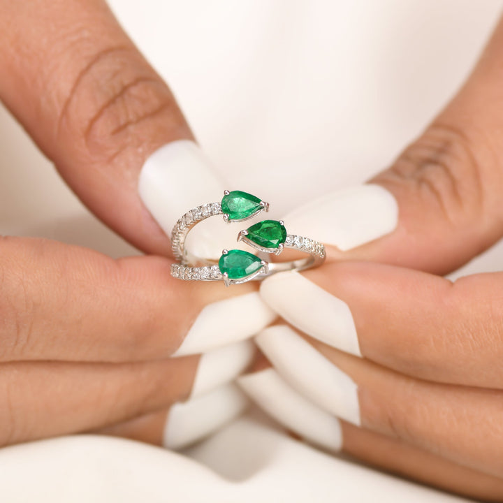 Emerald Three Pear Diamond Ring - qivii