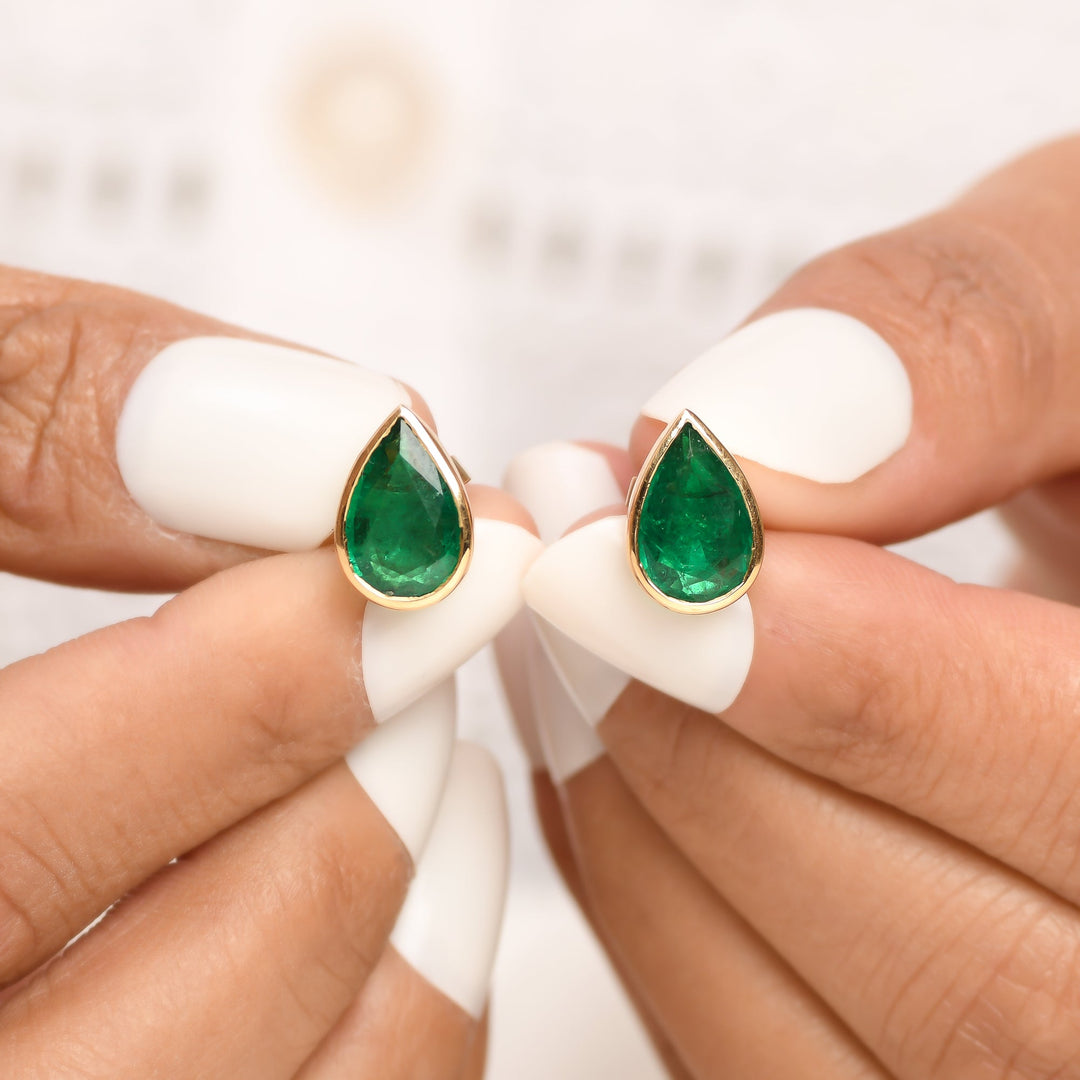 Emerald Pear Bezel Set Studs - qivii