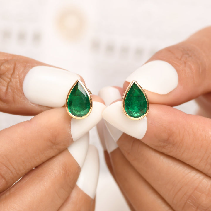 Emerald Pear Bezel Set Studs - qivii