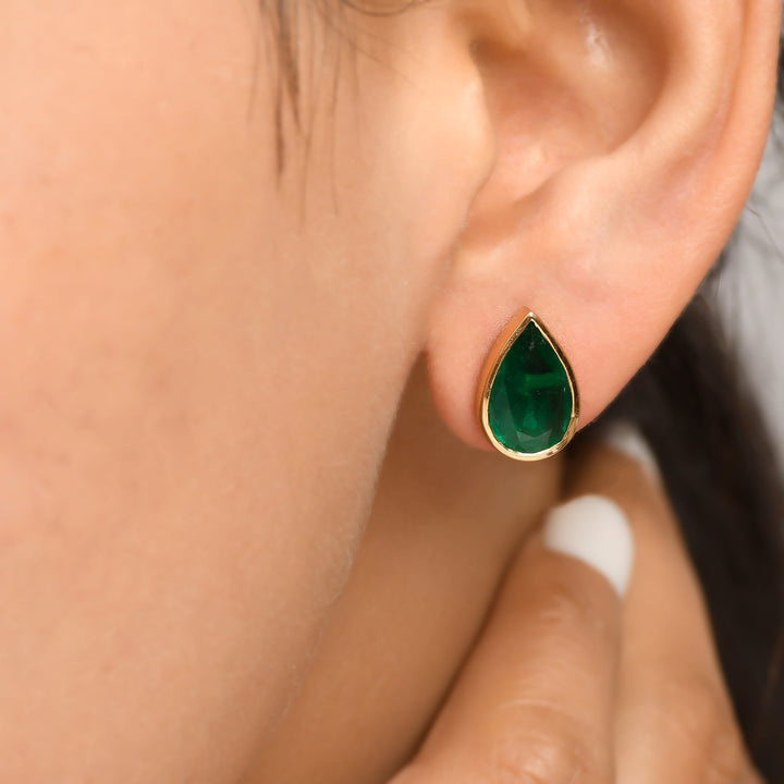 Emerald Pear Bezel Set Studs - qivii
