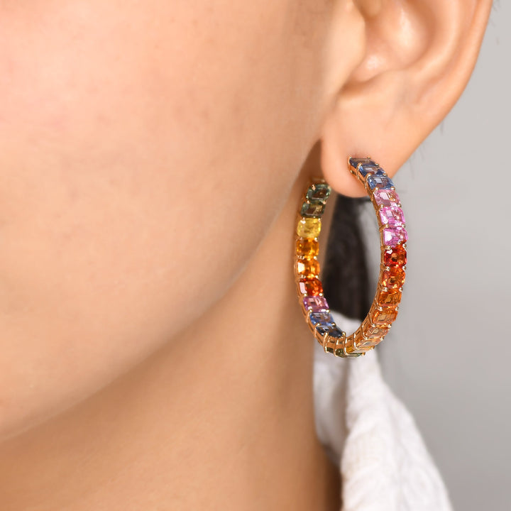 Rainbow Sapphire Big Emerald Cut Hoops - qivii