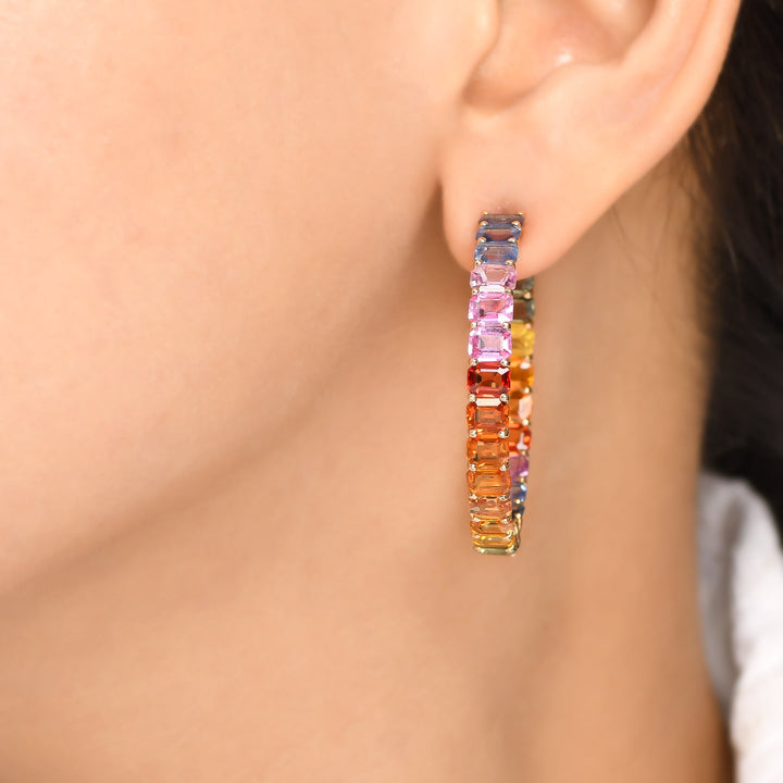 Rainbow Sapphire Big Emerald Cut Hoops - qivii