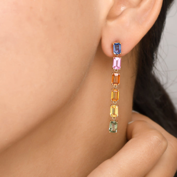Rainbow Sapphire Emerald Cut Link Earrings - qivii