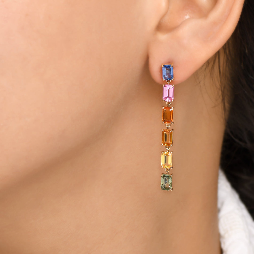 Rainbow Sapphire Emerald Cut Link Earrings - qivii