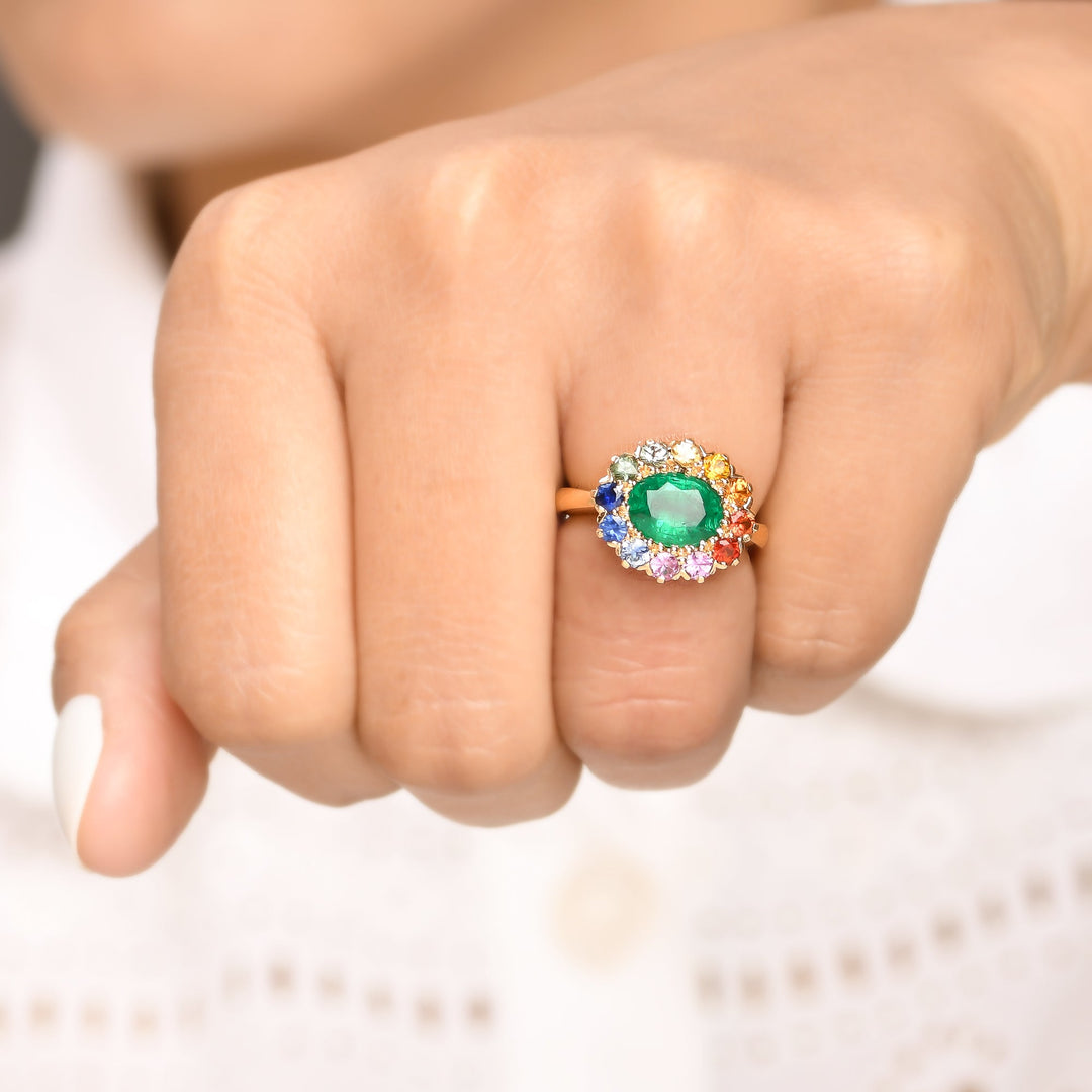 Emerald and Rainbow Gemstone Halo Ring - qivii