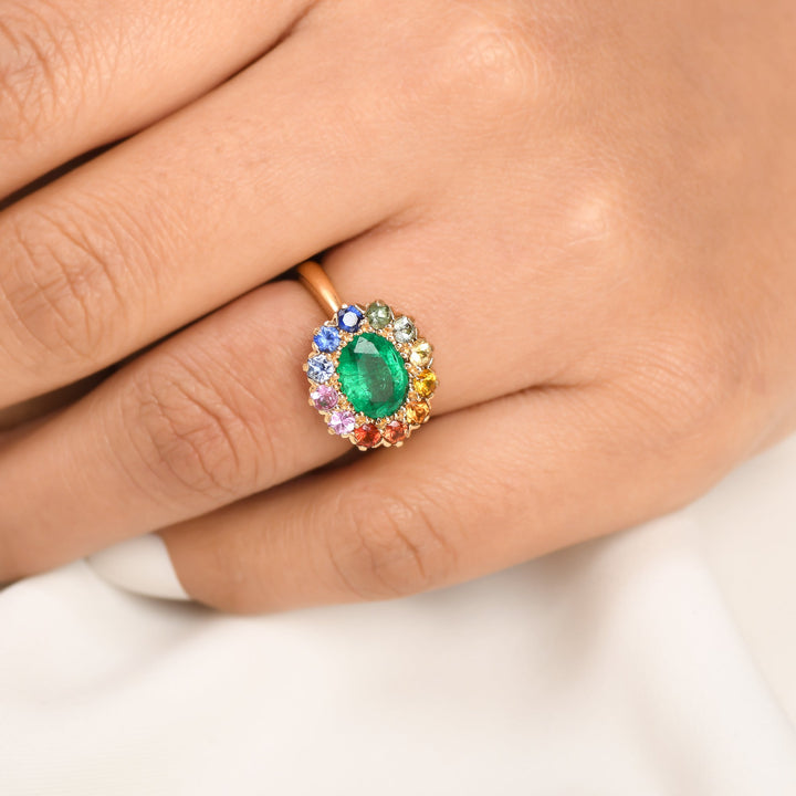 Emerald and Rainbow Gemstone Halo Ring - qivii