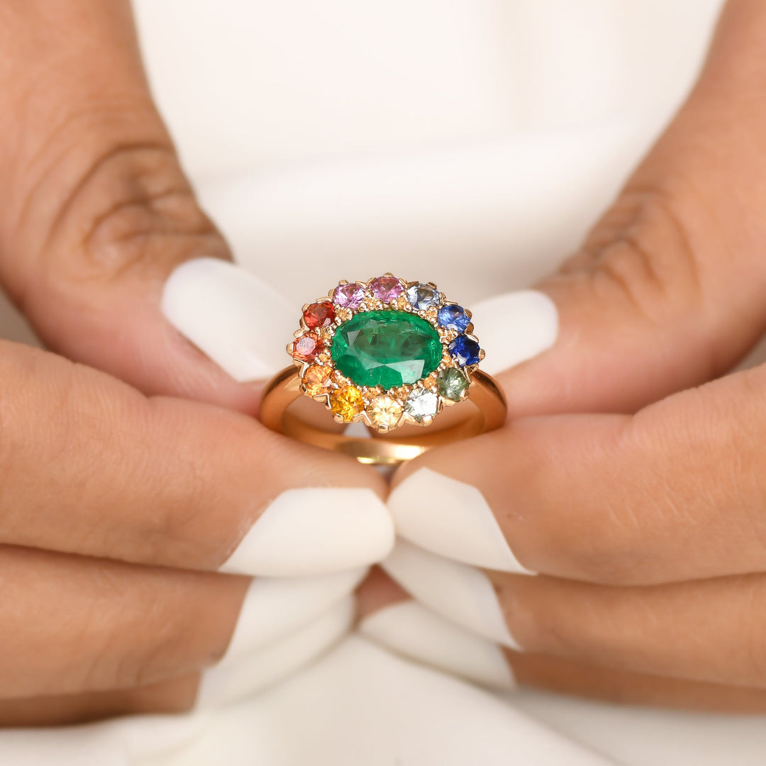Emerald and Rainbow Gemstone Halo Ring - qivii
