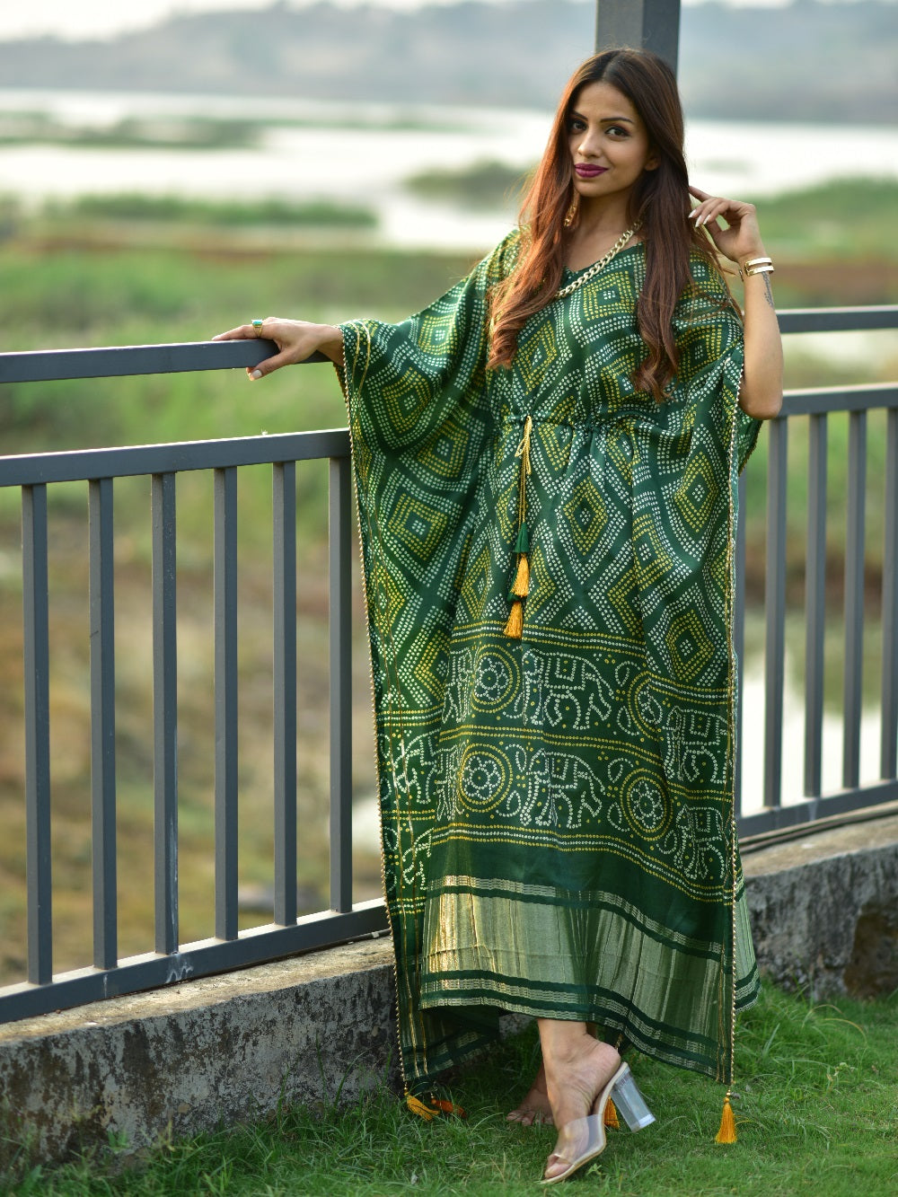 Green Color Digital Bandhej Print Pure Gaji Silk Kaftan - qivii