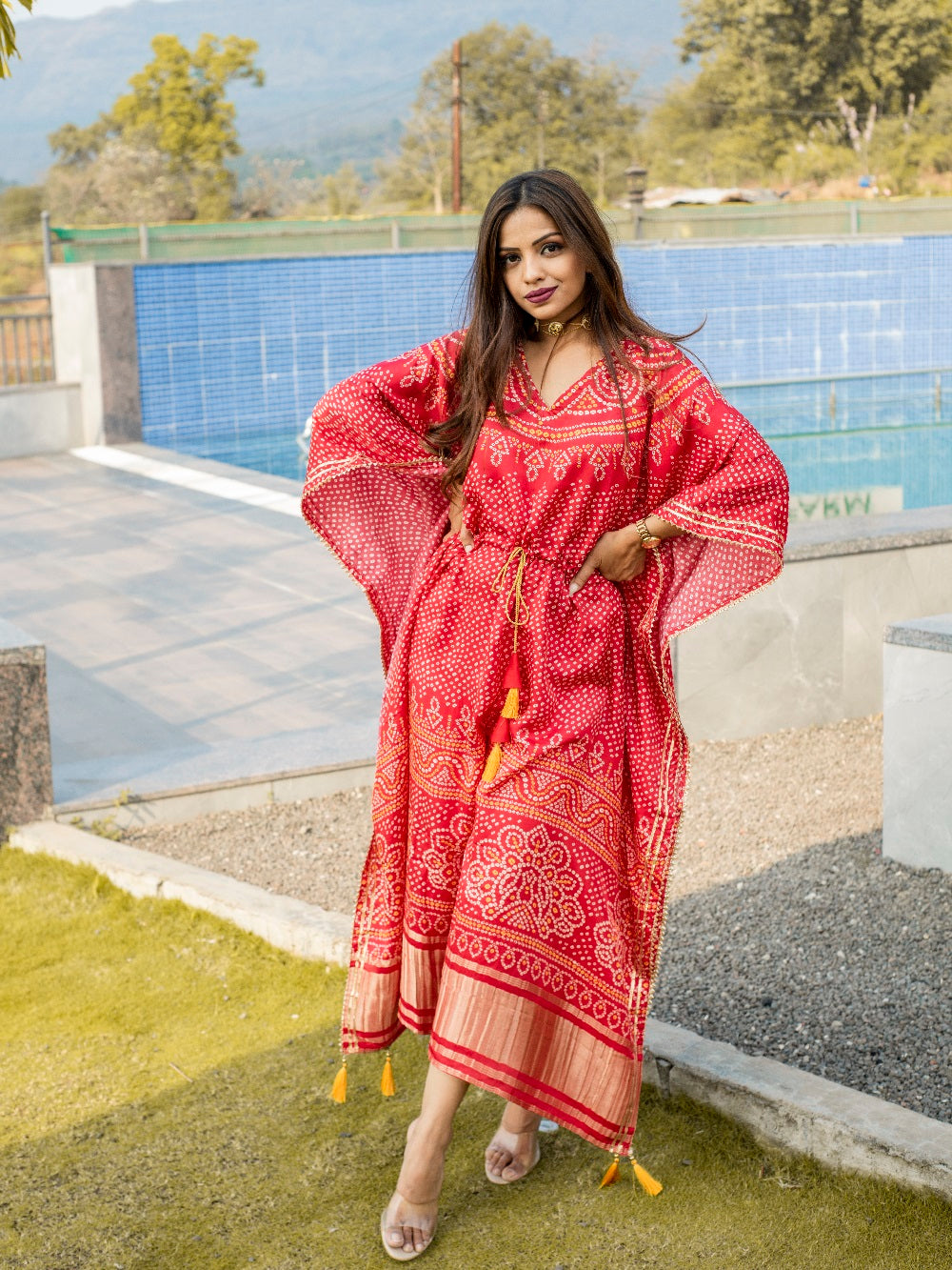 Red Color Digital Bandhej Print Pure Gaji Silk Kaftan - qivii