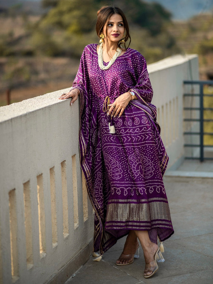 Wine Color Digital Bandhej Print Pure Gaji Silk Kaftan Dress - qivii