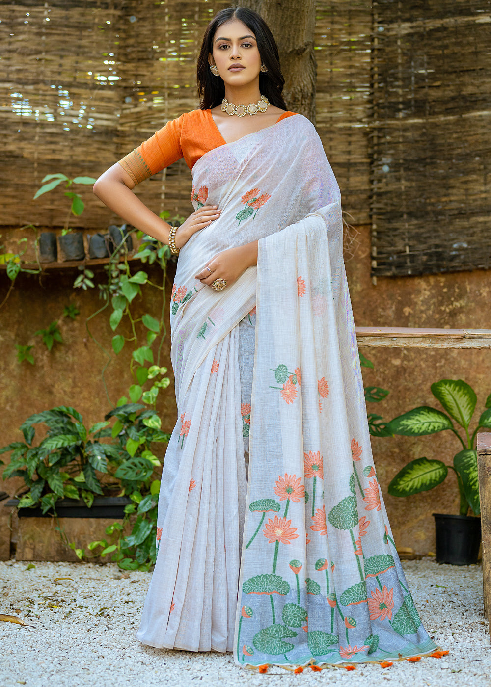 White & Orange Muga Cotton Saree with Woven Pallu & All Over Butti work - qivii