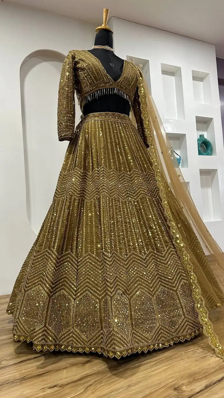 Golden Brown Kasturi Silk Dori & Sequence Work Lehenga Choli | Ready To Wear - qivii