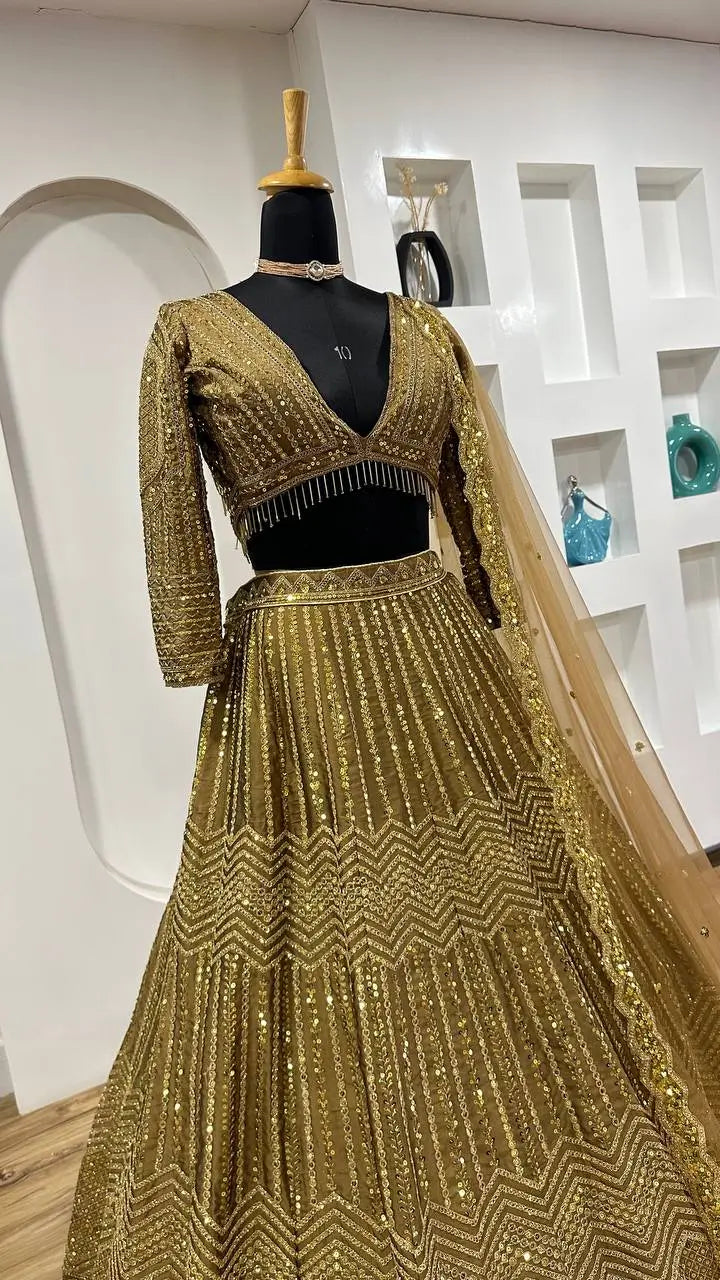 Golden Brown Kasturi Silk Dori & Sequence Work Lehenga Choli | Ready To Wear - qivii