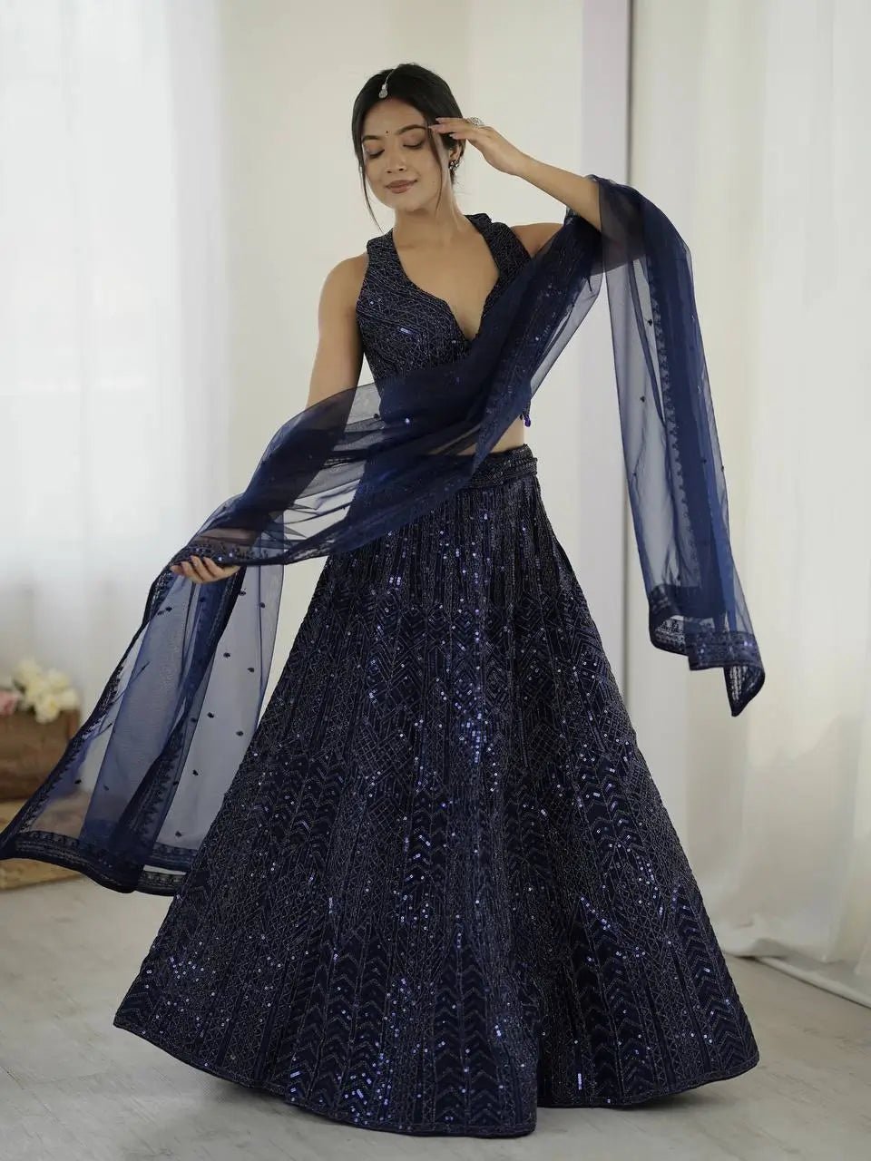 Navy Blue Net Lehenga Choli With Sequins & Dori Work - qivii