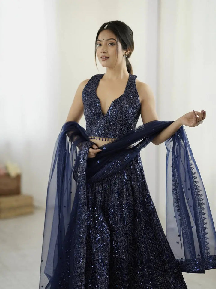 Navy Blue Net Lehenga Choli With Sequins & Dori Work - qivii