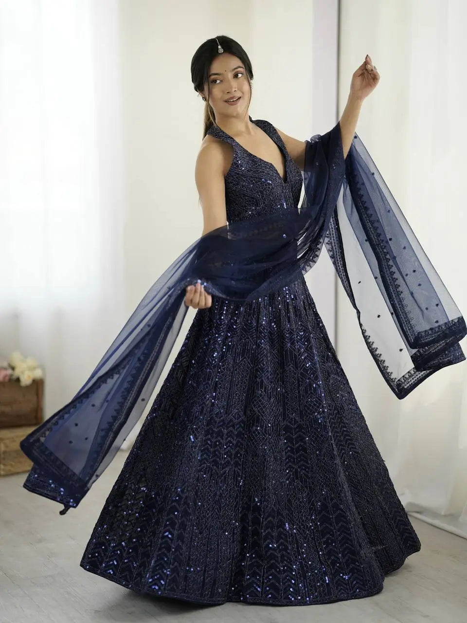 Navy Blue Net Lehenga Choli With Sequins & Dori Work - qivii