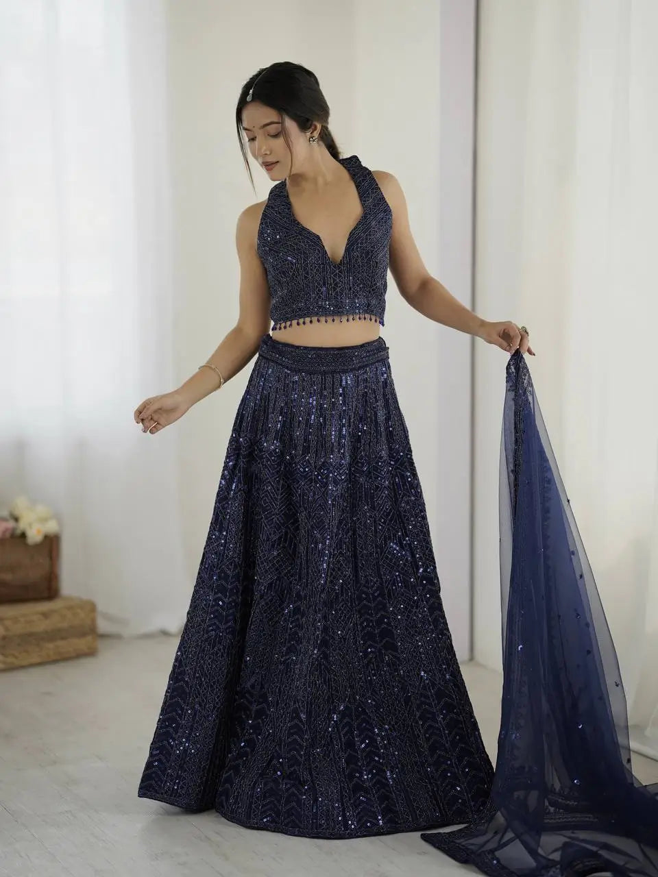 Navy Blue Net Lehenga Choli With Sequins & Dori Work - qivii