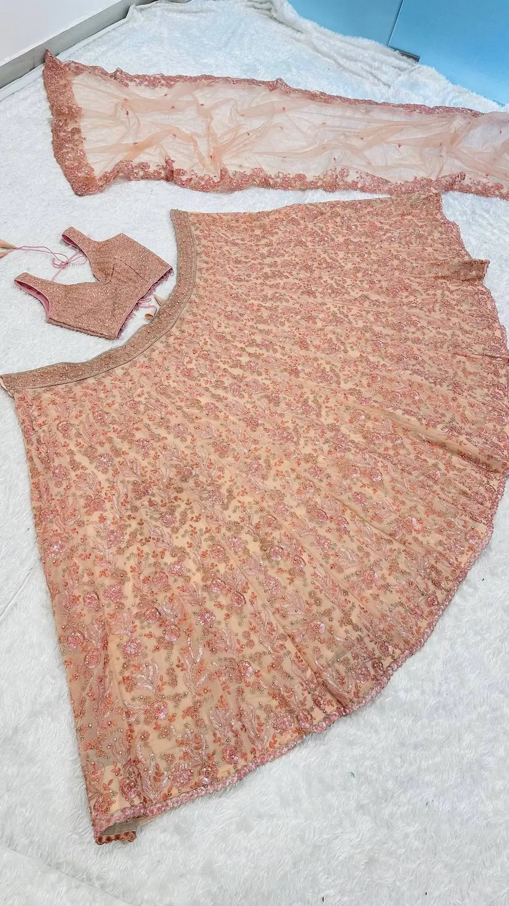 Peach Georgette Lehenga Choli With Embroidery & Pearl Beads Work - qivii