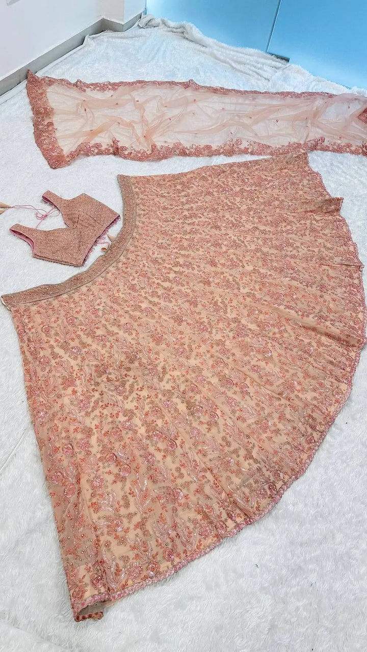 Peach Georgette Lehenga Choli With Embroidery & Pearl Beads Work - qivii