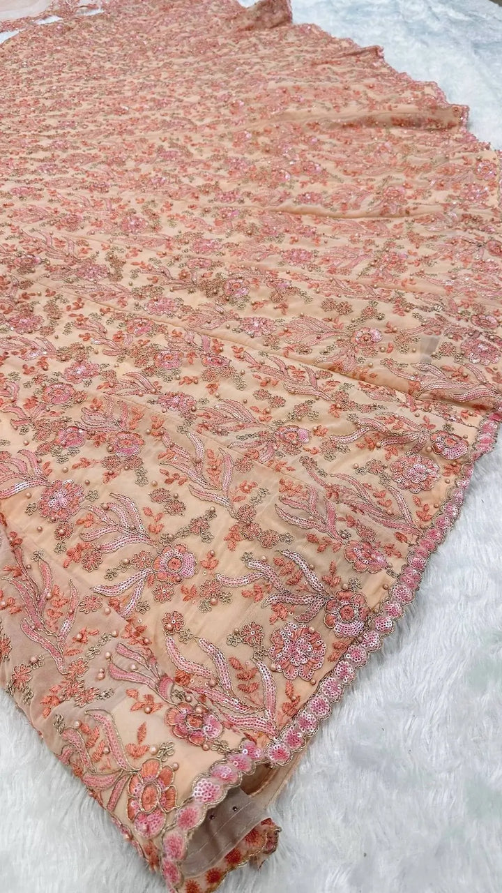 Peach Georgette Lehenga Choli With Embroidery & Pearl Beads Work - qivii