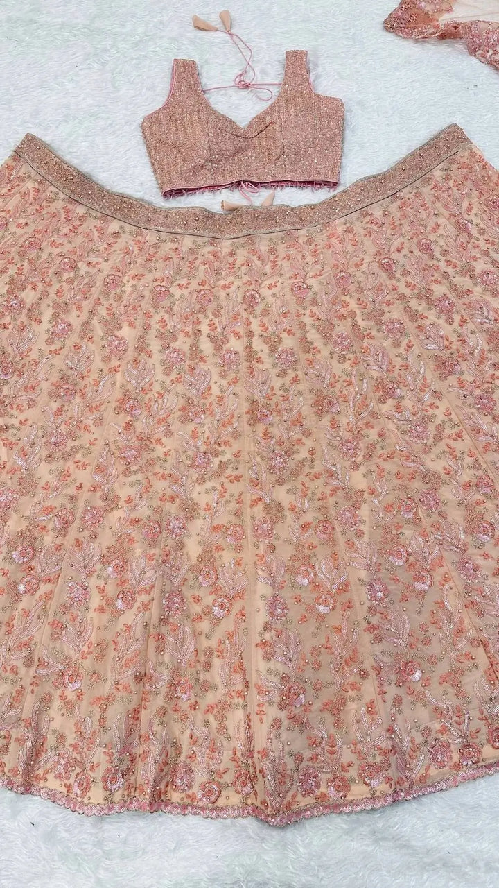 Peach Georgette Lehenga Choli With Embroidery & Pearl Beads Work - qivii