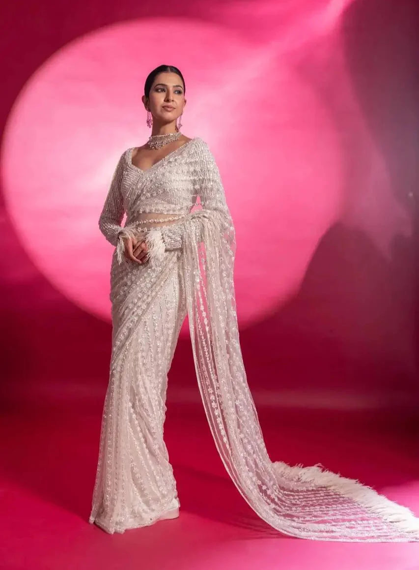 White Net Saree With Sequins & Thread Work - qivii