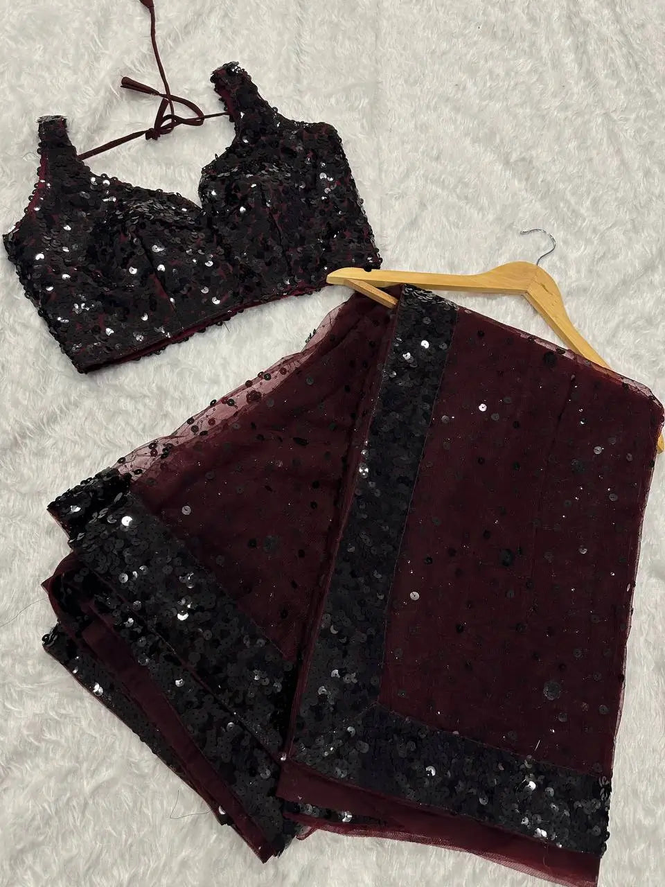 Dark Brown Net Saree With Sequins Embroidery Work - qivii