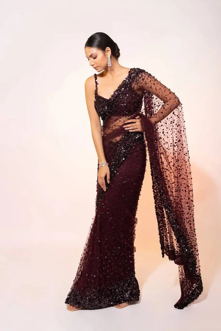 Dark Brown Net Saree With Sequins Embroidery Work - qivii