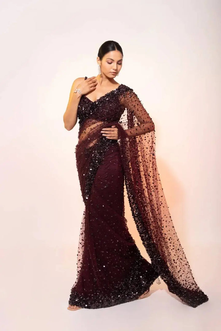 Dark Brown Net Saree With Sequins Embroidery Work - qivii