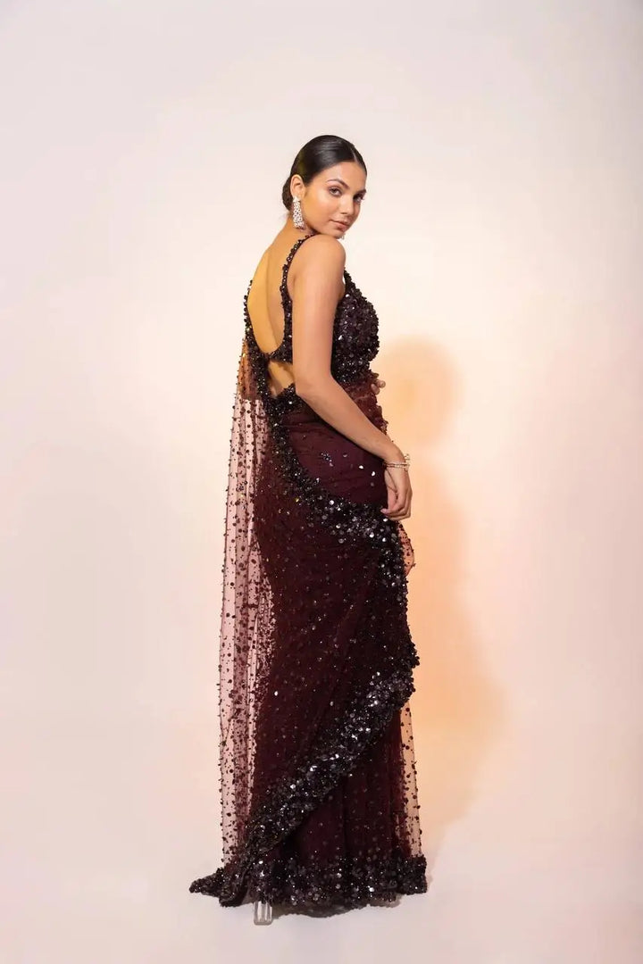 Dark Brown Net Saree With Sequins Embroidery Work - qivii