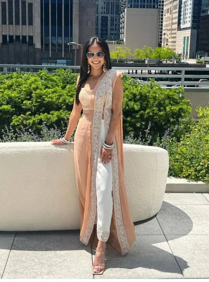 Peach-White Georgette Ready To Wear Pant Saree With Sequins & Resham Thread Work - qivii